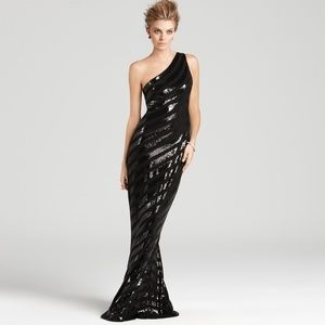 NWOT David Meister One Shoulder Sequin Stripe Gown